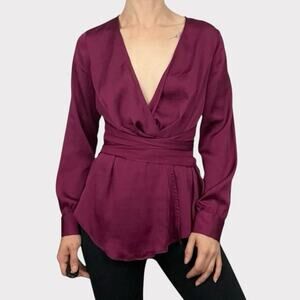 Moulinette Soeurs by Anthropologie Silky Maroon Wrap Long Sleeve V-Neck Blouse